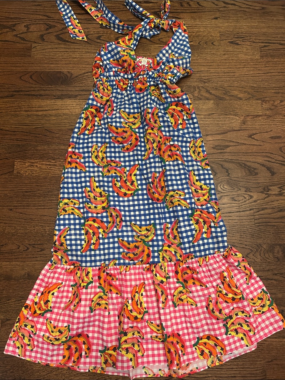 FARM Rio Blue and Pink Gingham Halter Maxi Dress with Multicolor Print - Picture 4 of 5